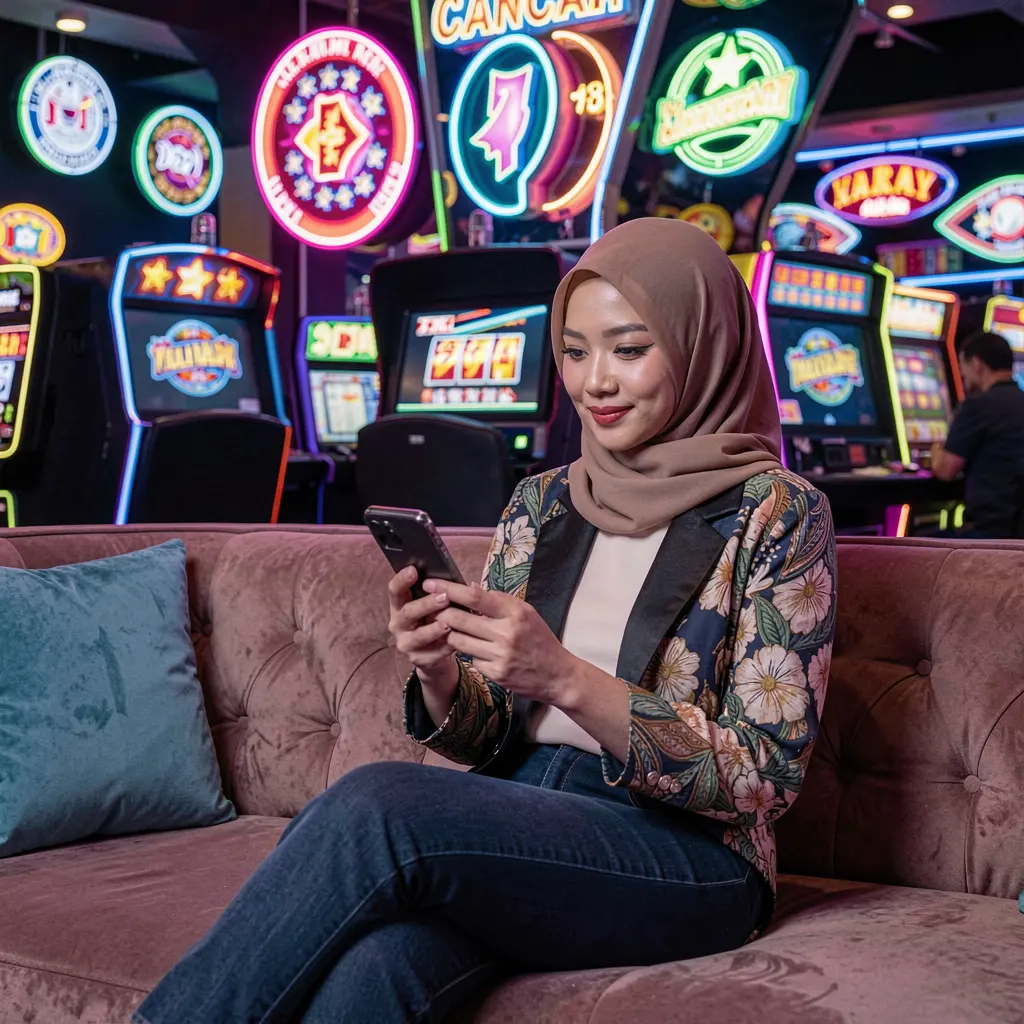 Confident Malaysian woman relaxing on a sofa while using the RM10000 casino app surrounded by colorful neon casino lights