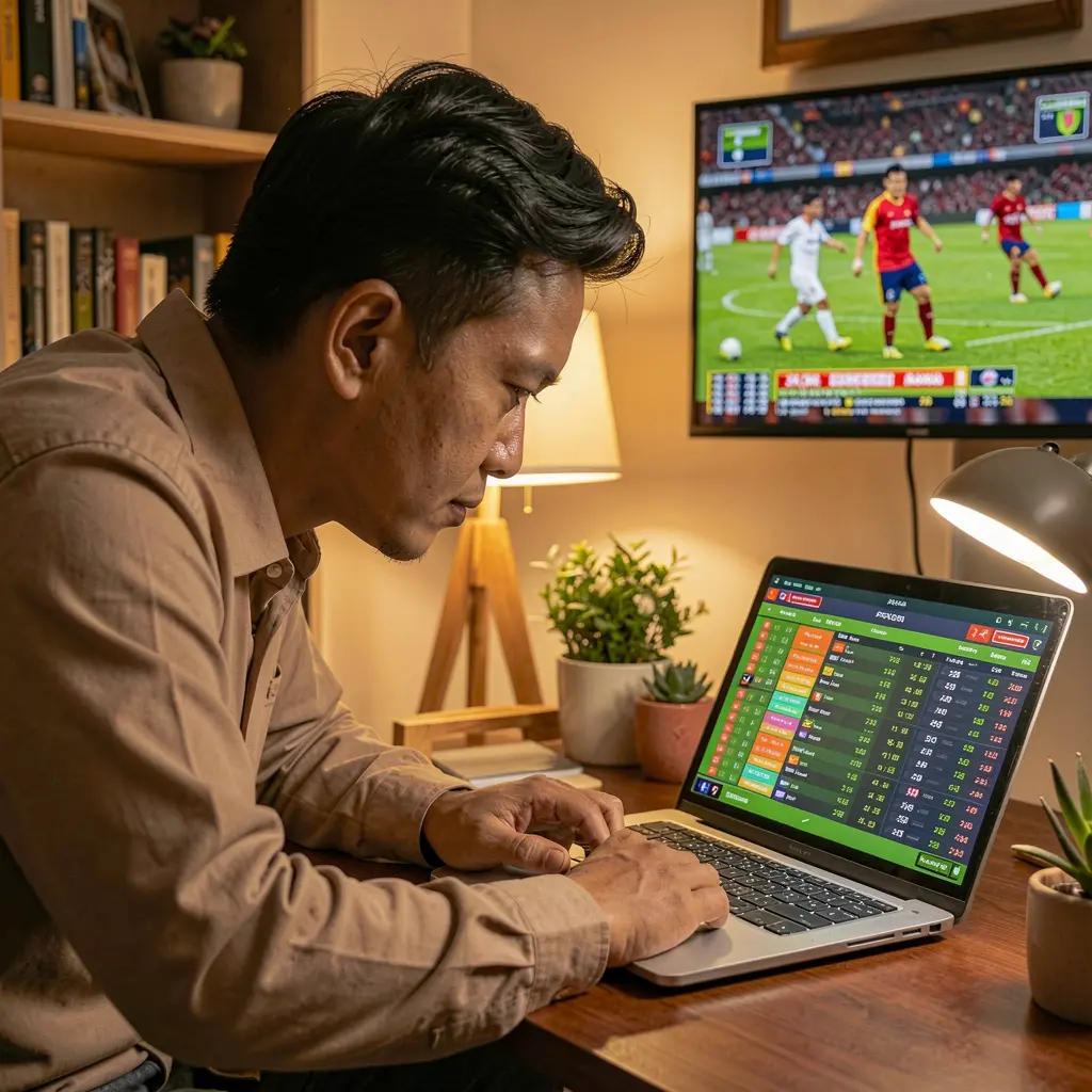 Focused Malaysian sports bettor reviewing live football odds on a laptop with the RM10000 betting interface while watching match highlights on TV