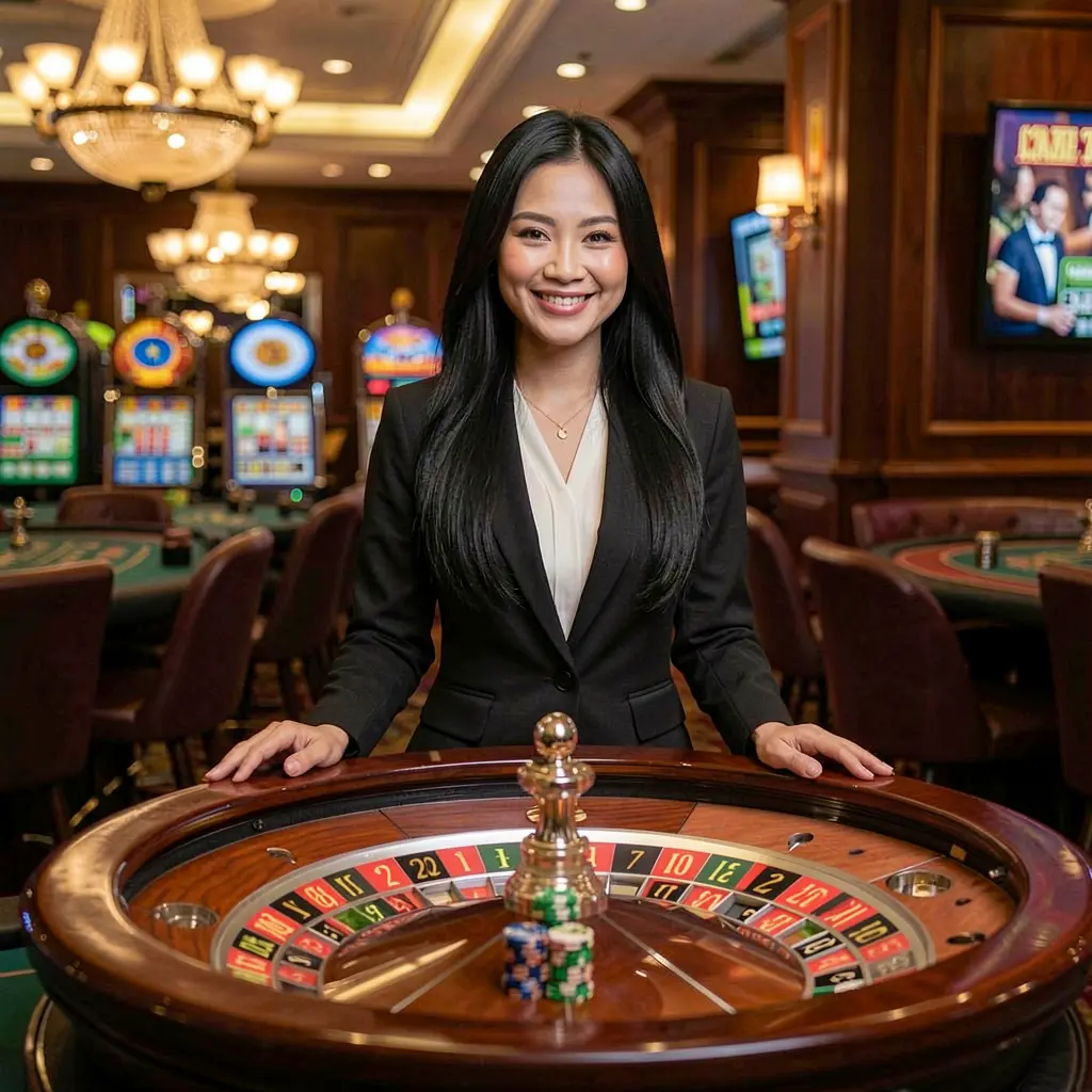 Confident live casino dealer standing at a roulette table with vibrant lights behind her representing the thrilling atmosphere of RM10000 Casino for Malaysian players