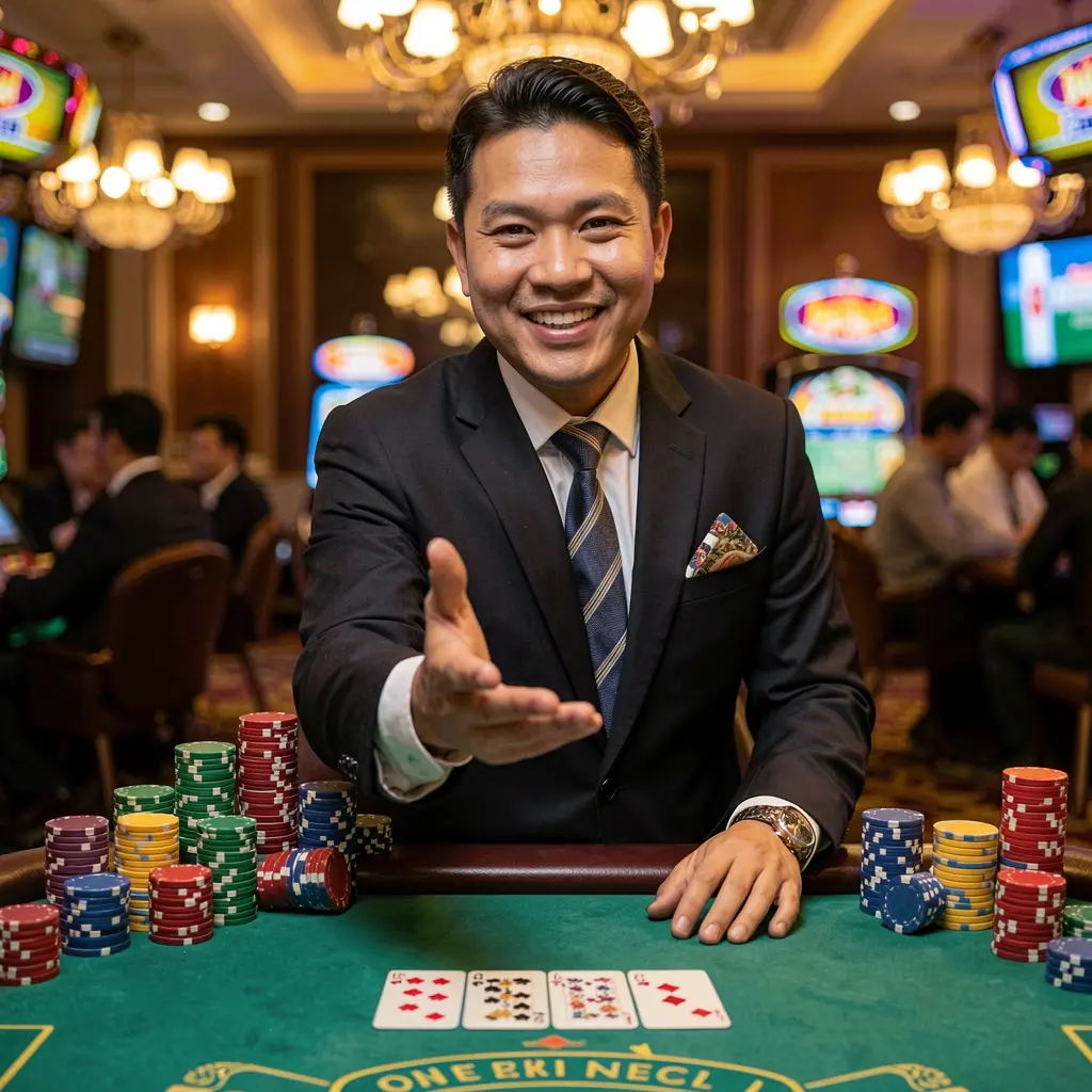 Friendly casino host reaching forward with flying poker chips and glowing casino lights representing the welcoming RM10000 casino login for Malaysia
